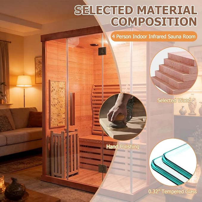 Smartmak Wood Home Traditional Steam Sauna, Wifi Control 4 Person Luxurious Indoor Canadian Red Cedar Wooden Spa Room, with 6 kw Heater, Backrest, Bluetooth Speaker, Rocks, Water Bucket, Spoon, Lights
