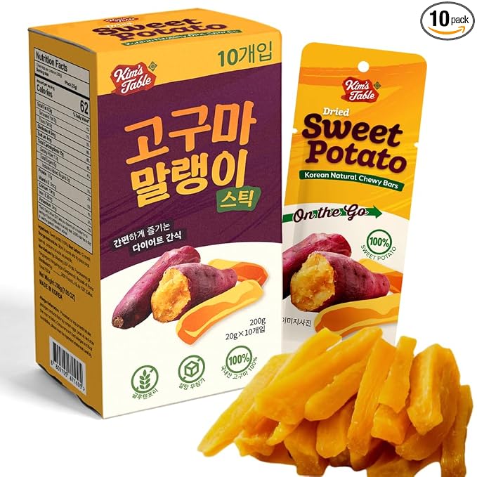 Kim’s Table Dried Sweet potato Korean Snacks (10 Packs) Glueten Free Pre Workout Healthy Foods, Korean Diet Foods/Natrural 100% Snacks for Golf, Travel and Wild Activity/Unsweetened 고구마 말랭이