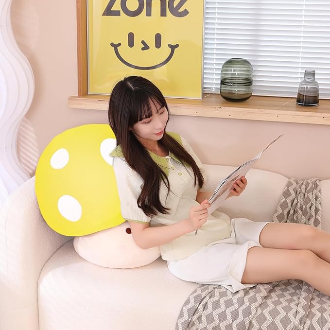 Cute Yellow Mushroom Plush Pillow, 3D Soft Mushroom Plushie Hugging Pillow Gift for Girls Kids Home Decor Christmas Birthday, 25cm