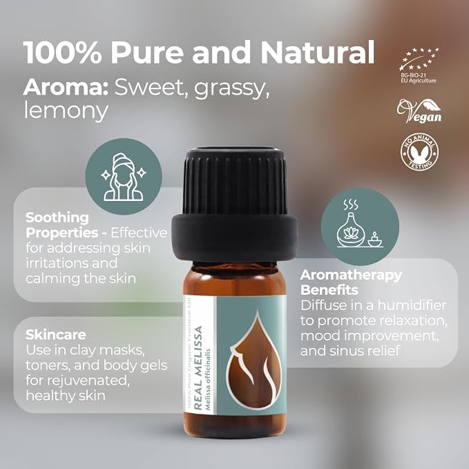 Essences Bulgaria Organic Real Melissa Essential Oil 1/6 Fl Oz | 5ml | Melissa Officinalis | 100% Pure and Natural | Undiluted | Therapeutic Grade | Family Owned Farm | Steam-Distilled | Non-GMO