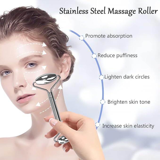 Gua Sha Facial Tools Set,Ice Face Rollers,Manual Acupuncture Pen,Stainless Gua Sha,3-in-1 Stainless Steel Massage Set for Women