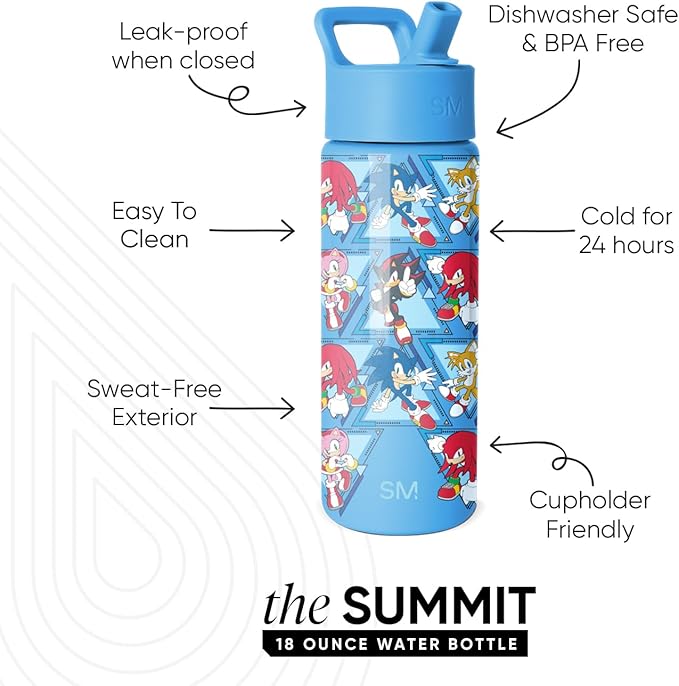 Simple Modern Kids Summit Water Bottle with Straw Lid | SEGA Sonic the Hedgehog 18oz Stainless Steel Cup Insulated Tumbler for Toddlers, School | Sonic Pals