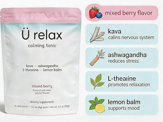 U-Relax Calming Drink Mix – Supports Relaxation & Stress Relief–Mixed Berry Relaxation Powder–15 Single-Serve Packets