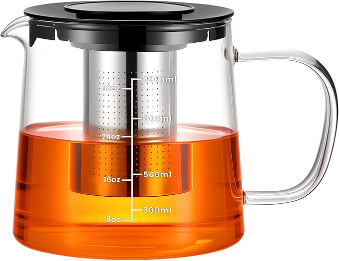 PARACITY Glass Teapot Stovetop 33OZ, Borosilicate Clear Tea Kettle with Removable 18/8 Stainless Steel Infuser, Teapot Blooming and Loose Leaf Tea Maker Tea Brewer (transparent-scale, 34oz)