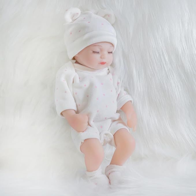 ENA Reborn Baby Doll Realistic Silicone Vinyl Baby 10 inch Weighted Soft Body Lifelike Doll Gift Set for Ages 3+ (Pink Polka dots, 10 inch)