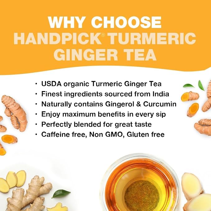HANDPICK, Organic Turmeric Ginger Tea (100 Tea Bags) | Herbal Tea, Strong Spicy Flavor, Caffeine Free, Daily Wellness Tea, Smooth & Warming Infusion | Non-GMO, Gluten Free | Ecofriendly Tea Bags