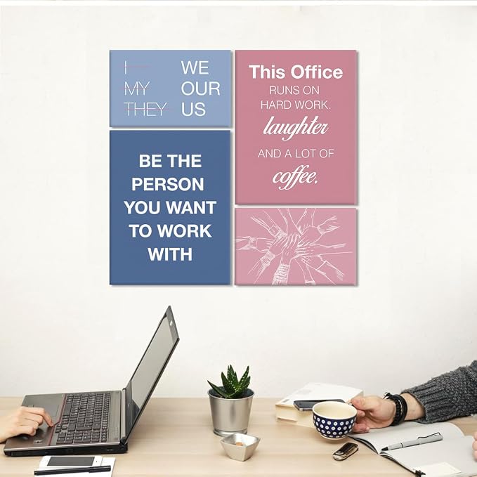 YEOION Motivational Office Wall Art,Inspirational Teamwork Wall Art for Office,Light Pink and Blue Positive Teamwork Wall Decor for Workplace Set of 6