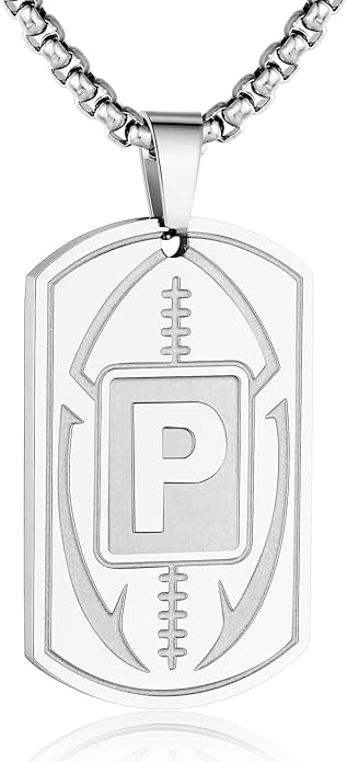 Initial A-Z Dog Tag Necklace for Men - Football Charm Pendant, Stainless Steel Chain 22+2 Inches, Personalized Sports Athletes Jewelry Gift