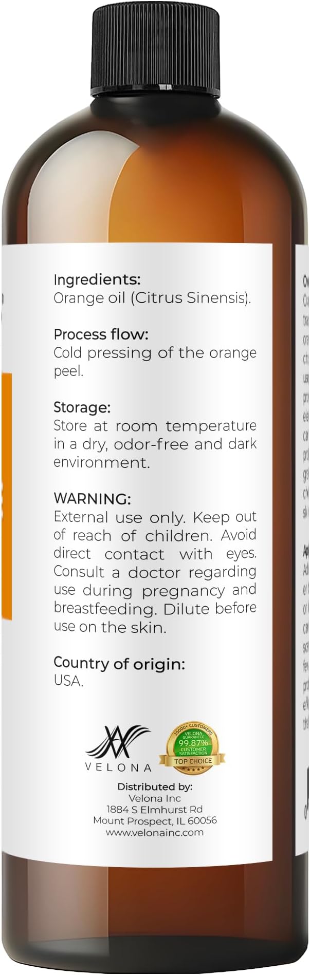 Orange Essential Oil by Velona - 16 Fl Oz | Therapeutic Grade | for Aromatherapy Diffuser, Massage, Skincare, Haircare, Soapmaking | Undiluted