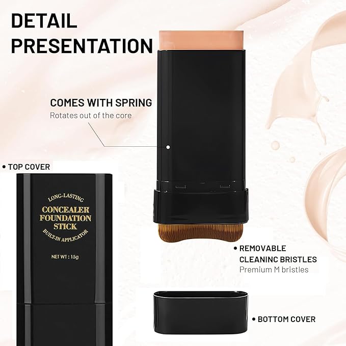 Foundation Stick,2 in 1 Dual-Ended Long-Lasting & Waterproof Concealer Korean Foundation Contour Sticks,Contouring Foundation with Brush,Full Coverage Matte Finish for Face Makeup(04WHEAT)