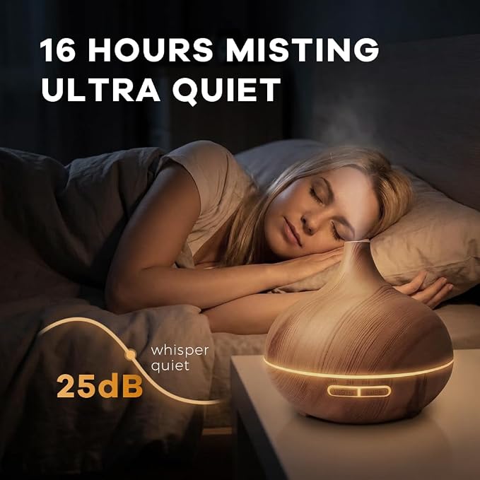 550ml Large Capacity Essential Oil Diffuser with 6 Essential Oil Set, Remote Control Ultrasonic Diffuser,Humidifier for Home Decor,7 Color LED Light with Waterless Auto-Off (Light)