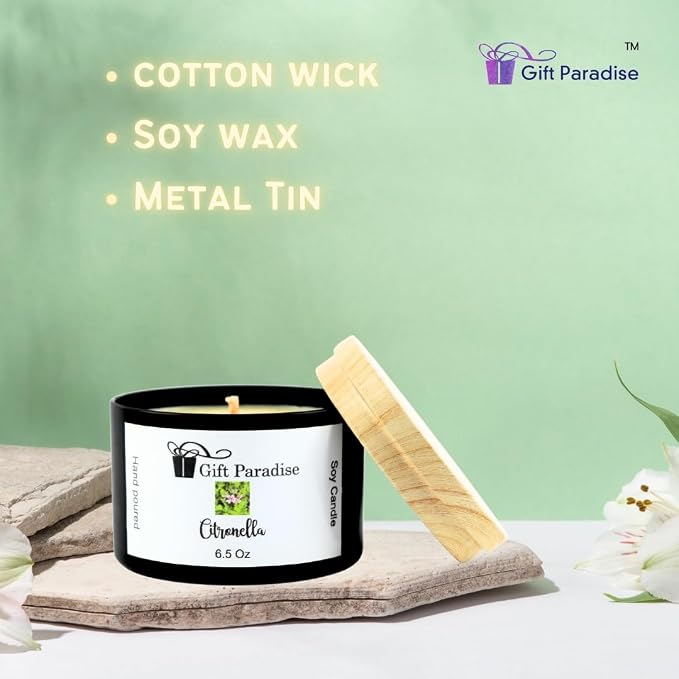 Citronella Scented Soy Candle – 6.5 oz Black Metal Tin – Natural Soy Wax & Cotton Wick – Clean Burning – Fresh Citrus Aroma – Non-Toxic Home & Indoor Candle