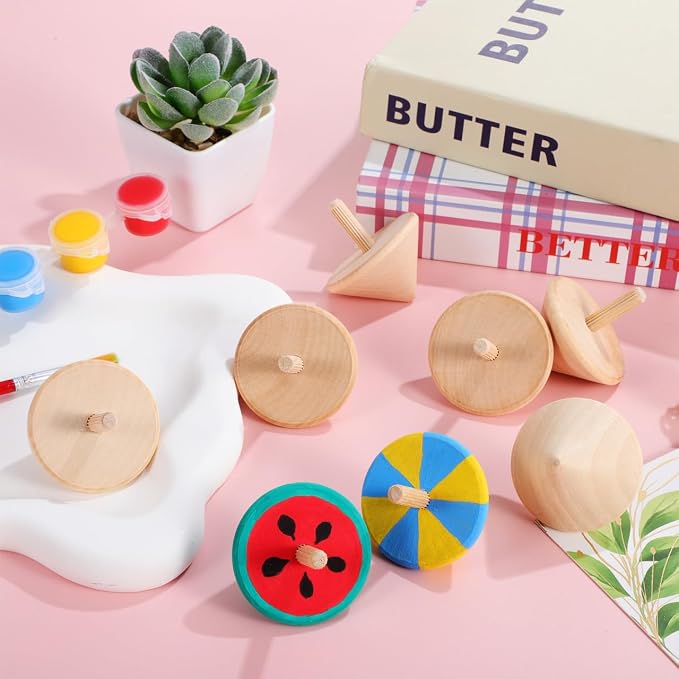 NUOBESTY 12Pcs Wood Spinning Tops, DIY Blank Painting Gyroscope Toy for Kids Art Crafts, Unfinished Hand Painted Spin Top Bulk for Classroom, Party Favors, Kindergarten Education
