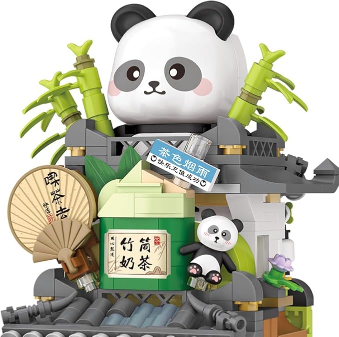 City Tea House Building Blocks Set, Openable Panda Construction Tea Shop Building Toys for Boys Girls Age 8+, 860pcs Mini Bricks