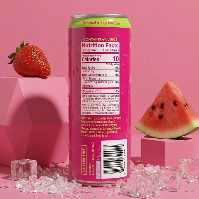 Tru Calming Drink, Magnesium Glycinate Sparkling Water with Real Fruit Juice, Strawberry Melon Flavored Seltzer, Caffeine Free, No Added Sugar, Keto, Vegan, Kosher, Gluten Free, 12 Fl Oz (Pack of 12)