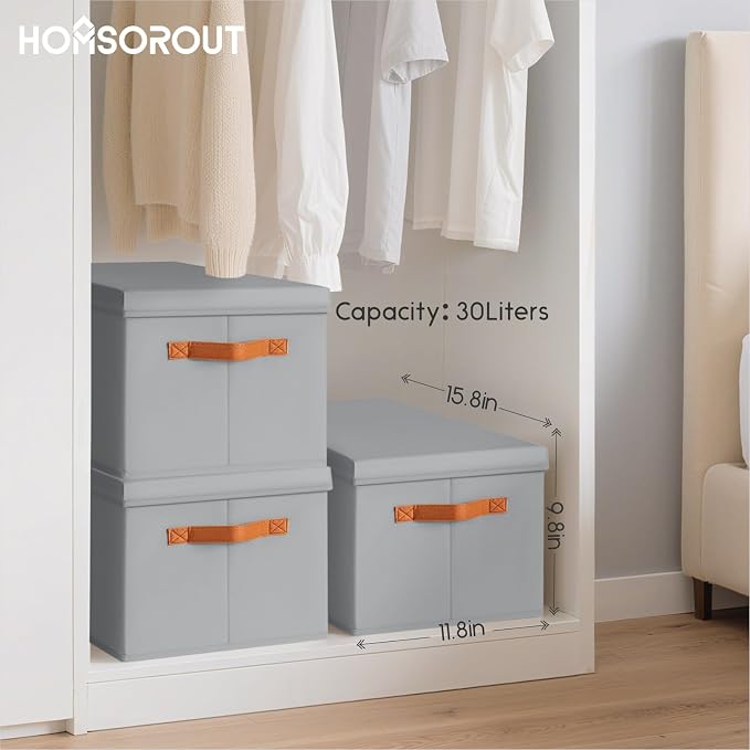 Storage Bins with Lids - Large Fabric Closet Bins with Lid, 6 Pack Clothes Organizers and Storage, Collapsible Stackable Cube Basket for Home, Office, Dorm, Grey