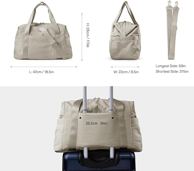 BAGSMART Gym Bag for Women, Carry on Weekender Overnight Bag, Travel Duffel Bags with Trolley Sleeve, Personal Item Travel Bag Tote Bag Workout Dance Bag, Beige-M