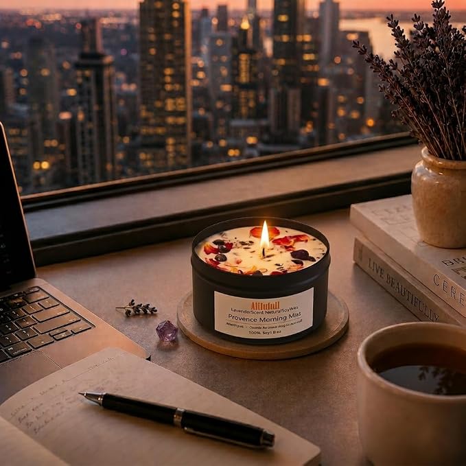 Lavender Crystal Infused Aromatherapy Candle, 8oz Matte Black Tin | Natural Soy Wax, Real Amethyst Crystals & Dried Lavender Flower Petals, Stress Relief & Sleep Aid, Home Scented