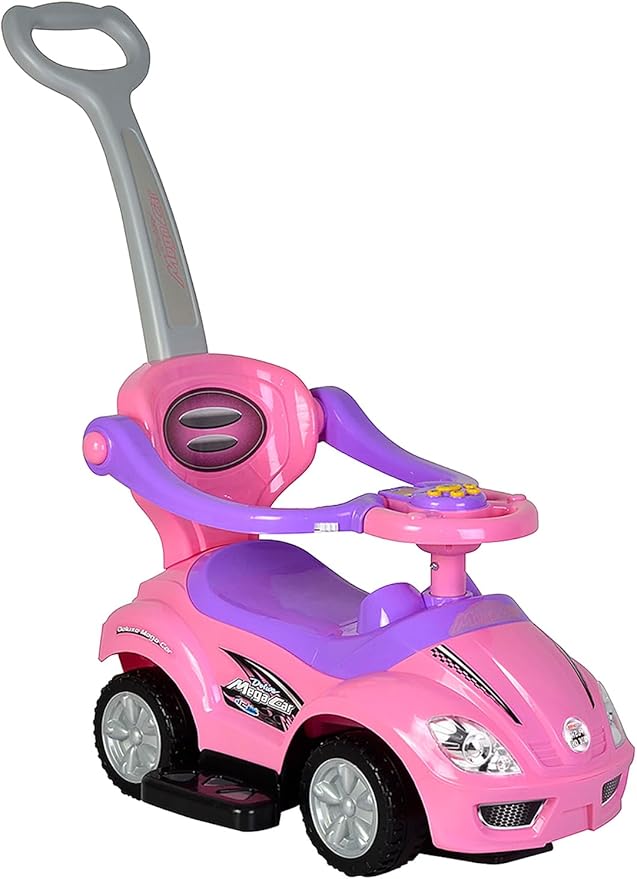 ChromeWheels Push Cars for Toddlers, 3 in 1 Ride on Push Car with Guardrail, Ride on Toys Mega Car w/Push Handle & Horn & Music & Under Seat Storage, Pink