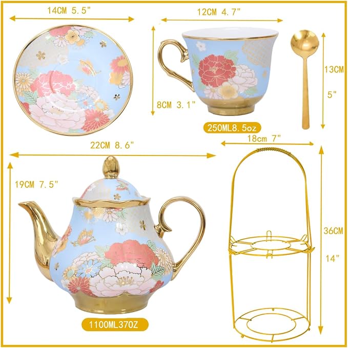 CHANJOON Gold Plated Red Rose Ceramic Tea Set, Vintage Tea Sets with Teapot, Beautiful Tea Set Coffee Serving 6 People (Green, X Large)