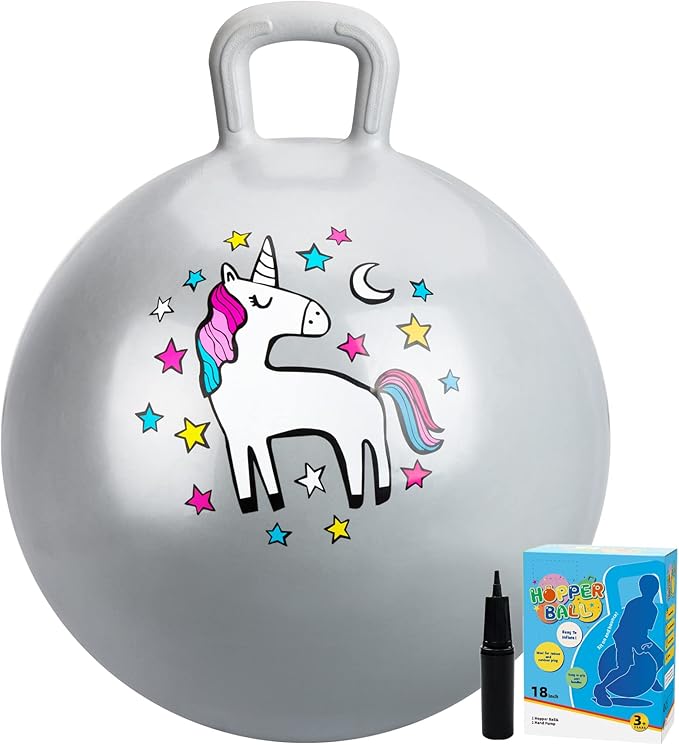 U&C Planet Hopper Ball 18 inches Bouncy Ball with Handle for Kids Age 3-6 Hoppity Hop Sit and Bounce Jumping Hopping with Pump and Gift Box Great Gift for Birthday Christmas, Silver