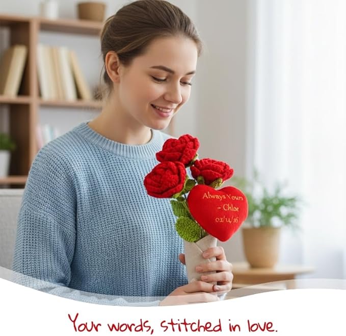 June Garden 17" Crochet Rose Flower Bouquet with Customizable Heart – 3 Soft Plush Rose with Bendable Stems – Personalized Embroidered Gift for Valentine’s Day, Anniversary or Home Décor