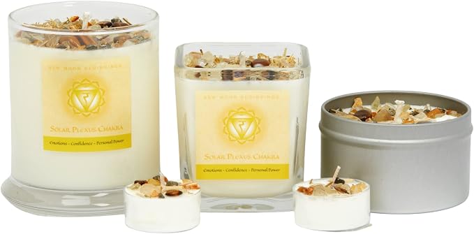 Solar Plexus Chakra Candle by New Moon Beginnings - Chakra Candles - Dried Flower, Herb, & Crystal Candles - Aromatherapy Candles - Soy Candle - 8oz Tin