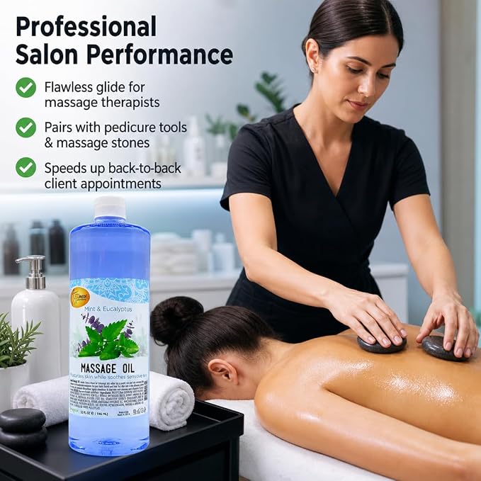 SPA REDI Mint Eucalyptus Professional Massage Oil – 5-Oil Botanical Blend for Deep Tissue Relief & Dry Skin | Vitamin E, Almond, Avocado & Sunflower Oils | Cruelty-Free, Sulfate-Free | 32 oz