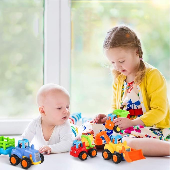 Push and Go Friction Powered Cars Construction Vehicles Toy Set Tractor Bulldozer Mixer Truck Dumper for 1 2 3 Year Old Baby Toddlers Boys Gifts