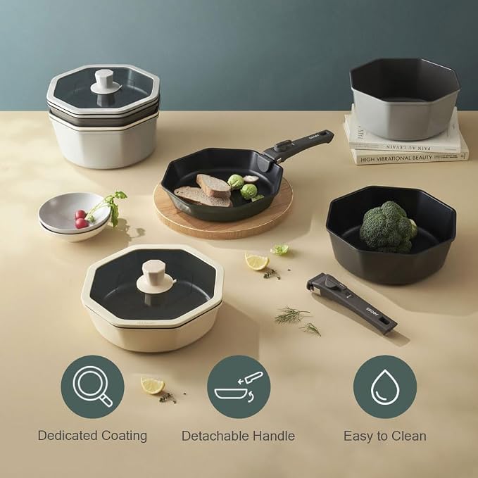 [UPIT] Korean Octagonal Cookware Set, Detachable Handle, Oven-to-Table Nonstick Space-Saving Kitchen Set for All Stovetops
