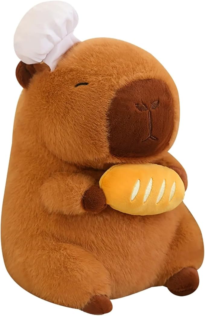 Capybara Plush with Cooking Chef Hat Holding Baguette 9.8 inch Cute Bread Capibara Stuffed Animal Ultra Soft Plushies Toys Kawaii Gifts for Kids Brown