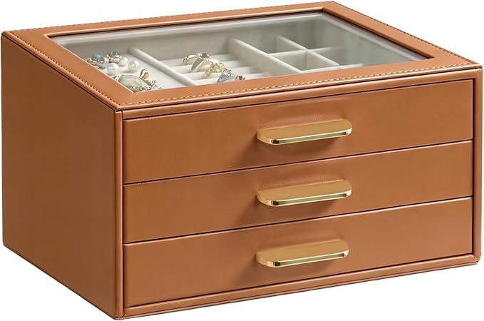 Homeanda Jewelry Boxes Organizer with Glass Lid, 3-Layer PU Leather, Brown | Modern style display case with 3 drawers for daily jewelry, women, mom or girl gift