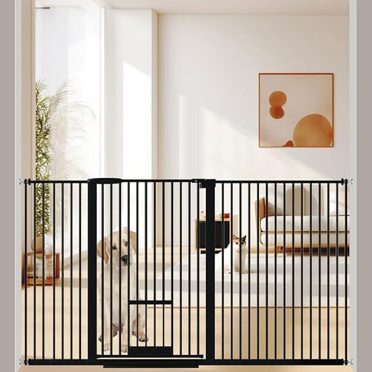 40.55" Tall 1.37" Ultra Narrow Spacing Dogs Pets Baby Gate with Door for Doorway Cat Safety Proof Indoor 57.68-73.43" Extra Wide Puppy Pressure Mounted No Drill White Black Metal Hallway