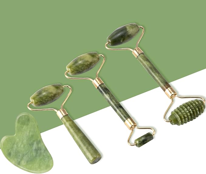Jade Roller & Gua Sha Set 5-in-1, Full Body Massage Tools | Cool natural Xiuyan jade for depuffing facial massage, portable travel skincare kit, ideal stocking stuffer gifts for women