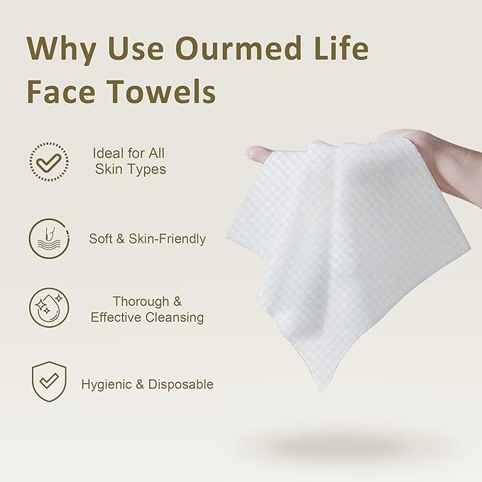 Ourmed Life Face Towels, Disposable Biodegradable Facial Towels for Sensitive Skin, Lint- free Facial Wipes for Washing Face, Skincare and Makeup Remover, Dry Wipes, 10"×7.9" Extra Large, 180 Count