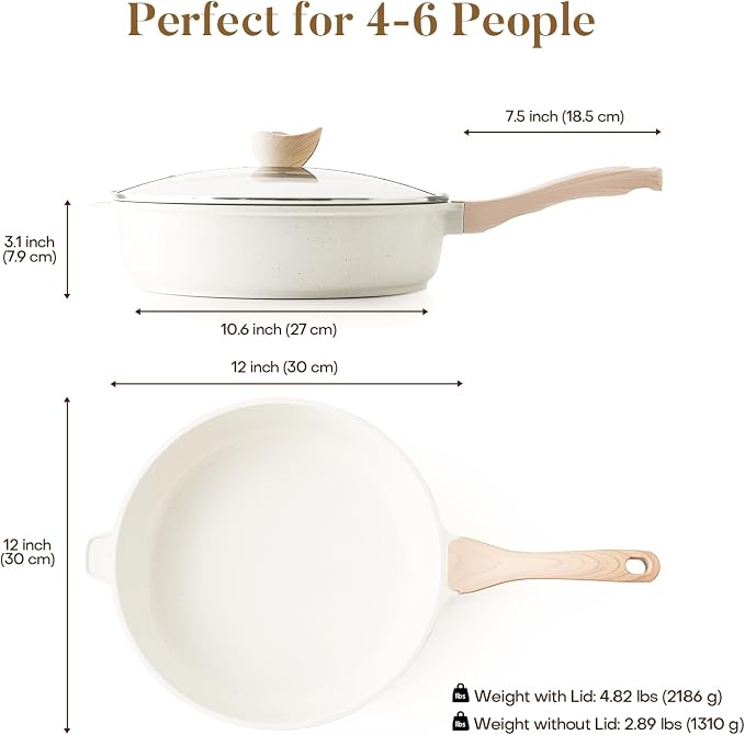 Kordisen Nonstick Ceramic Deep Frying Pan, 12 Inch Non Toxic Large Skillet with Lid, 5 Qt Healthy Jumbo Cooker, Saute Pan for Cooking, Induction Cookware, PFOA & PFAS Free (Cream)