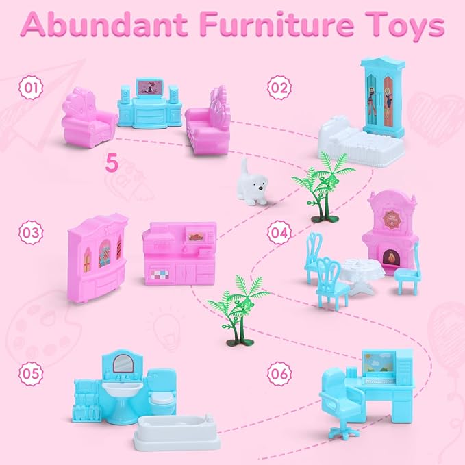 Doll House for Girls, DIY Dream Dollhouse with Furniture and Rooms Accessories, Miniature Pretend Playhouse with Lights, Building Princess House Dolls Playset Figures Toys Kit Gift for Ages 3+