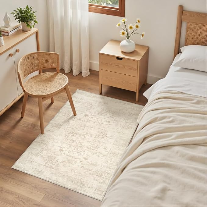 Machine Washable Area Rugs 2x3: Vintage Boho Neutral Washable Rug Indoor Soft Small Entryway Throw Carpet for Living Room Bedroom Kitchen Laundry Floor Non-Slip Low Pile Entrance Rug Beige/Brown