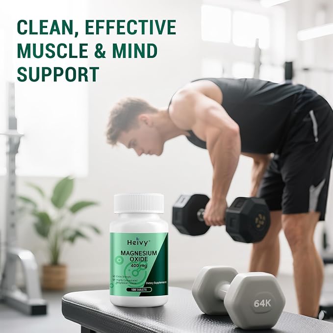 Heivy Magnesium Oxide 400mg – Magnesium Supplement for Support Muscle Recovery & Relaxation - Vegan, Gluten-Free, Made in USA, 120 Tablets