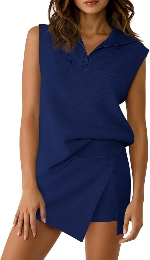 Fisoew Womens 2 Piece Skirt Sets Summer Sleeveless Half Zip Sweatshirt Athletic Skorts Tennis Outfits Casual Sweatsuits