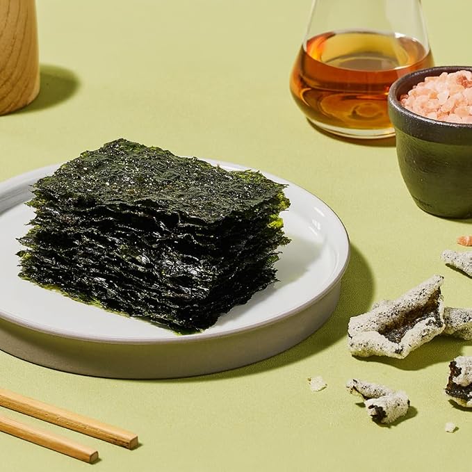 Roasted Seaweed Snack [Himalayan Salt | Pack of 12] Crispy Korean Laver Sheets | Vegan | Gluten-Free Nori | Low-Calorie | Perfect for Sushi, Rice Bowls, Snacks, Lunchboxes, Picnics, Plant-Based Korean Seaweed Chips - O’food