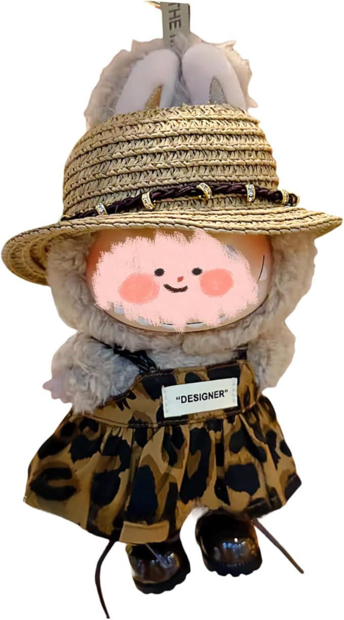 4/5/6 Set Doll Clothes Compatible with 17cm labubu, Clothes for Dolls Outfit, Contain Hat +Glasses+ Summer Camisole Dress+Mini Bag+ Mini Camera + Shoes, No Doll Include (Brown-3)