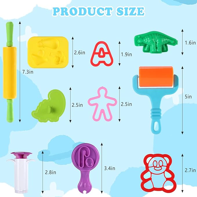144 PCS Dough Tools Set for Kids Ages 3-8 – Includes Letter & Number Cutters, Animal Cutters, Dinosaur Molds, Extruder, Scissors, Rollers, Dough Mat, Storage Bag