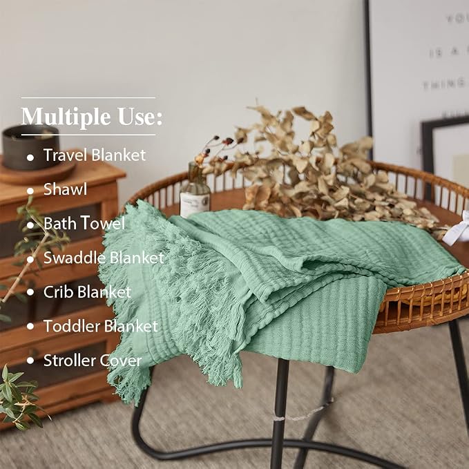 Simple&Opulence Cotton Muslin Throw Blanket for Bed, Couch, Knit Woven Gauze Blanket with Tassels, Soft Lightweight Cozy Pre-Washed Breathable Farmhouse Decoration for All-Season (Mint Green)