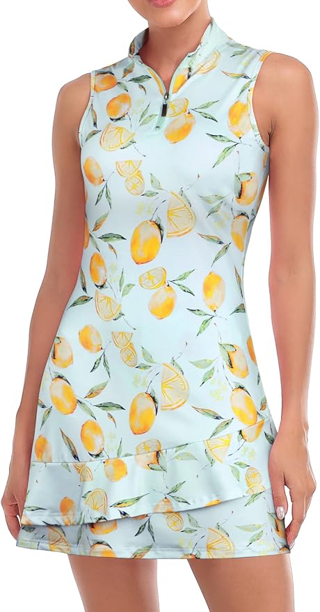 Viracy Tennis Dress for Women Sleeveless Golf Dresses with Shorts and Pockets Ruffle Zip Up Stand Collar Golf Outfits