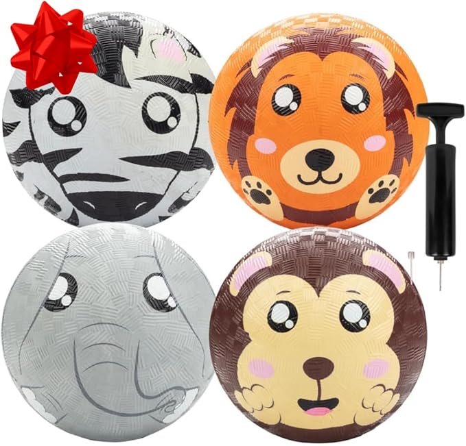 GagaBall 5 Inch Playground Balls with Air Pump (4 pk, Animals) - Durable Rubber Balls Official Size for Dodgeball & Handball - Great for Outside Play, 4 Square & Game to Play at Kids Birthday Parties