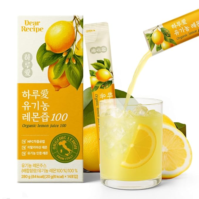[14 Sticks] Organic 100% Pure NFC Whole Lemon Juice Sticks – 20g Each – Italian Lemon, Cold Pressed, Product of Korea, Non-GMO, No Sugar Added