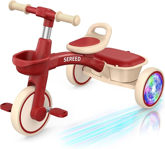 SEREED Colorful Lighting Toddler Tricycle for 2-5 Years Old Boys Girls, Adjustable Seat&Handlebar Trike, Removable Basket, Birthday Gift Idea for Kids Ages 2+ (Red)