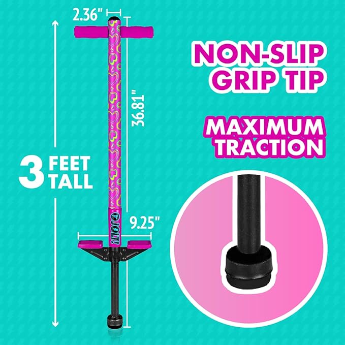 Flybar Jolt Pogo Stick for Kids, Perfect for Beginners w/Foam-Covered Metal Frame, Handles & Padding, Non-Slip Foot Pads, Wide Tip, Outdoor Active Play Toy for Boys & Girls, Ages 6+, Pink Hearts