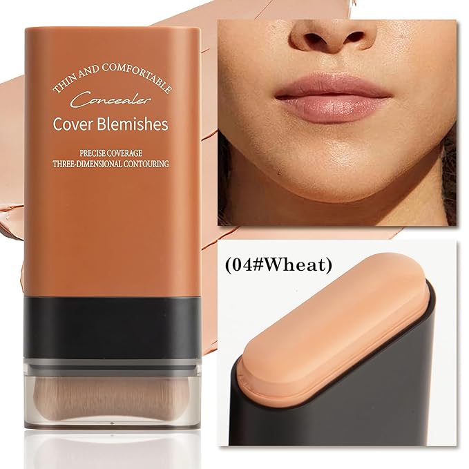 Flawless Face Foundation Stick,2-in-1 Long-Lasting Concealer Foundation Stick with Brush,Multi-Use Creamy Makeup for Dark Circles & Blemishes,Waterproof Thin Contour Sticks for Face Makeup (04#Wheat)